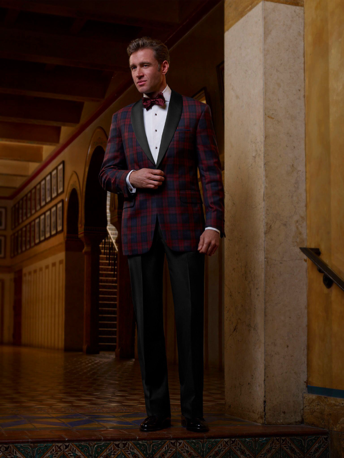 Plaid Dinner Jacket with Black Trousers
