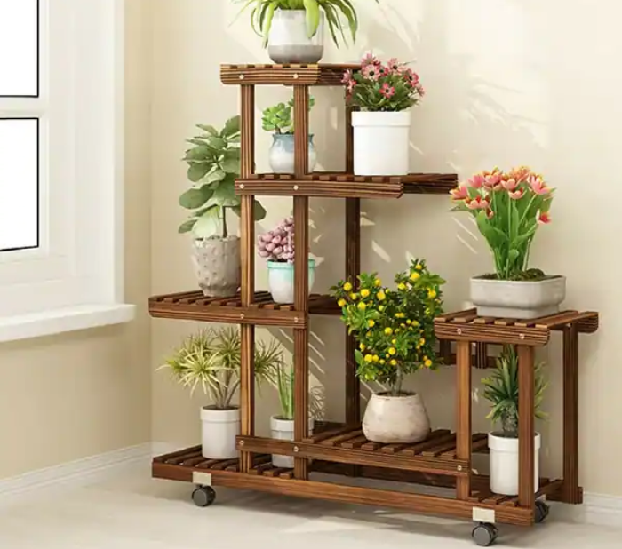 Wooden Plant Stand with Flowers