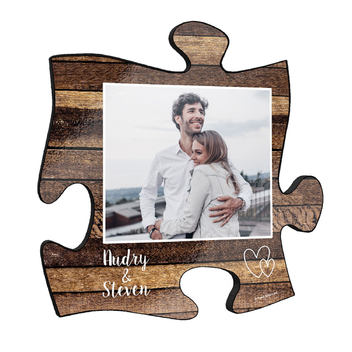 puzzle piece wall art featuring the bride's face
