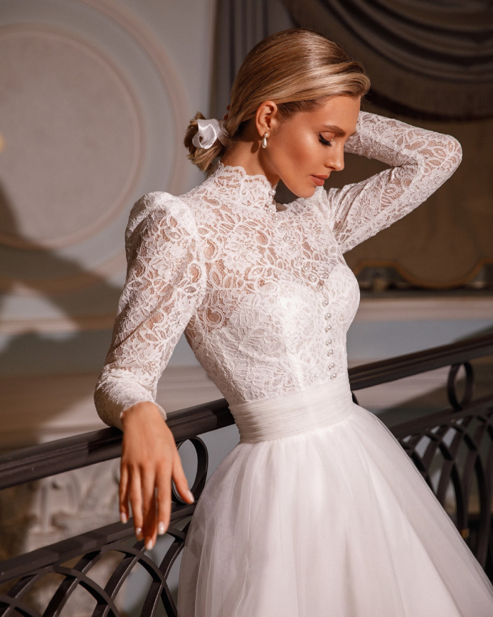 High-Neck Lace Dress with Elbow-Length Sleeves